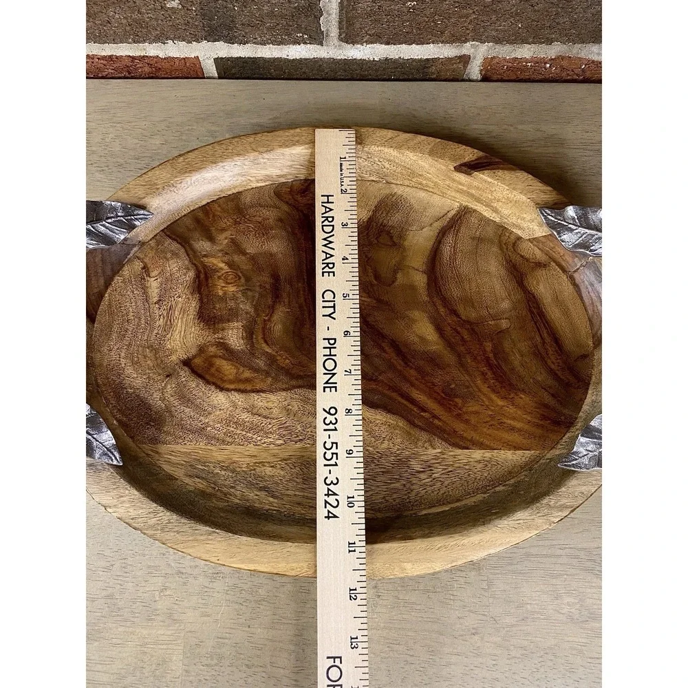 Vintage Pier 1 Wood Oval Serving Tray Pewter Leaf Twig Handle Charcuterie